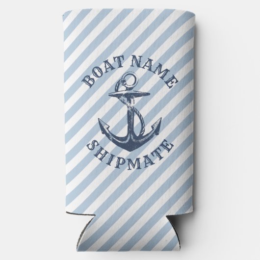 航海のいかりブルーストライプホワイトパーソナライズされた スリム缶クーラー (裏面)