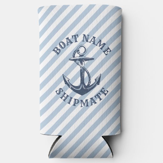 航海のいかりブルーストライプホワイトパーソナライズされた スリム缶クーラー (正面)