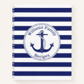 航海のいかりブルーストライプモノグラムレシピ ノートブック (正面)