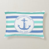 航海のいかりブルーティール(緑がかった色)ストライプファミリーモノグラム アクセントクッション (裏面)