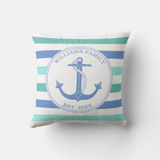 航海のいかりブルーティール（緑がかった色）ストライプファミリーモノグラム クッション (裏面)
