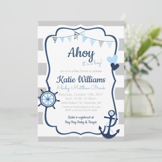 航海のいかりブルーボーイベビーシャワー招待状 招待状 (スタンド正面)