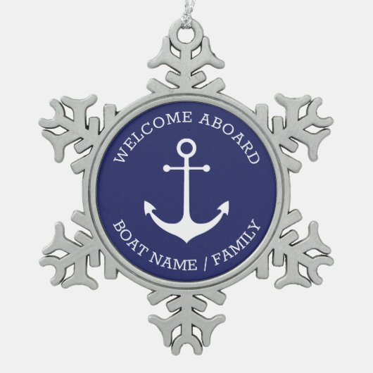 航海のいかりブルー白カスタムウェルカムアボード スノーフレークピューターオーナメント (正面)