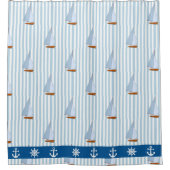 航海のいかりブルー白ストライプ色 シャワーカーテン (正面)