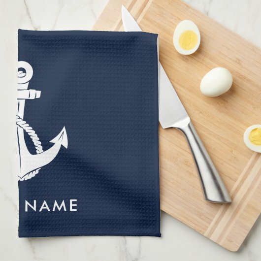 航海のいかりボートネームネイビーブルーカスタム キッチンタオル (四つ折り)