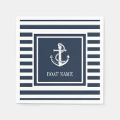 航海のいかりボート名ネイビーブルーストライプの スタンダードカクテルナプキン (正面)