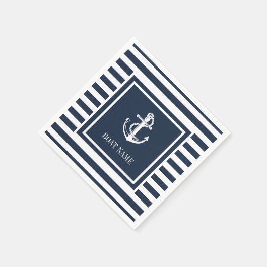 航海のいかりボート名ネイビーブルーストライプの スタンダードカクテルナプキン (角)