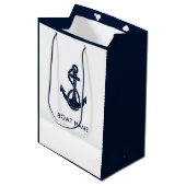 航海のいかりボート名ネイビーブルーモダン ミディアムペーパーバッグ (正面アングル)