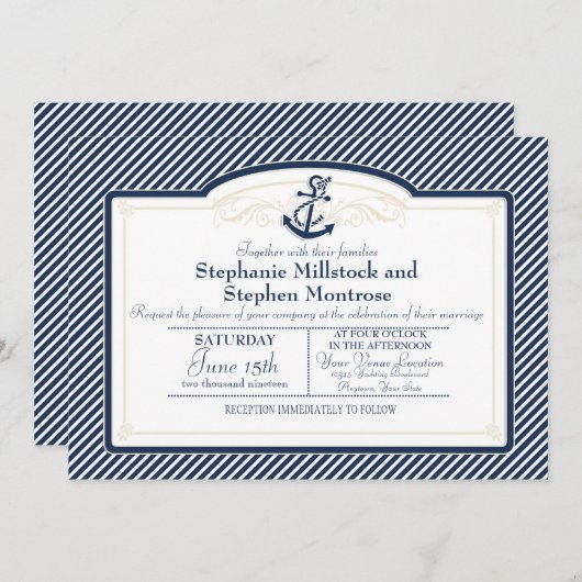 航海のいかりボート対角ストライプ旋回モダン 招待状 (正面/裏面)