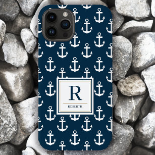 航海のいかりマリンネイビーブルーパターンモノグラム Case-Mate iPhone 14ケース