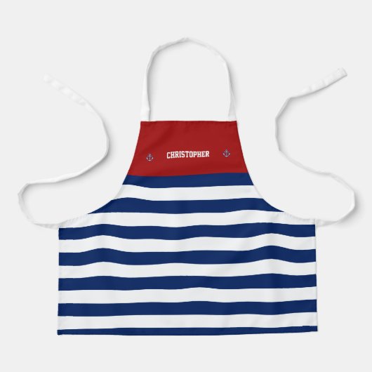 航海のいかりマリンネイビーブルーホワイトストライプズ エプロン (正面)