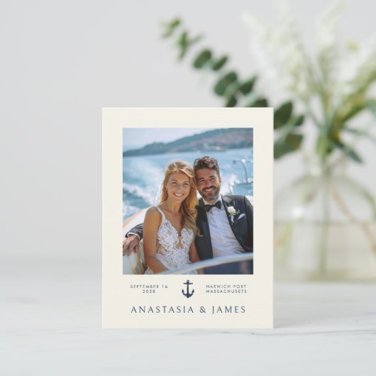 航海のいかりモダンネイビーブルー結婚写真 サンキューカード (スタンド正面)