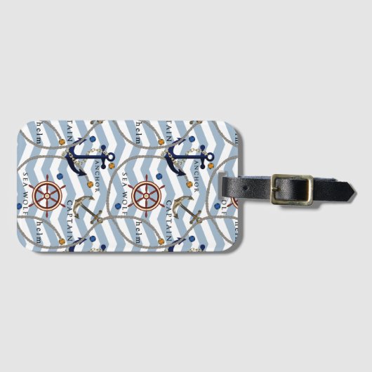 航海のいかりラダーブルー白ジグストライプグ ラゲッジタグ (正面横)