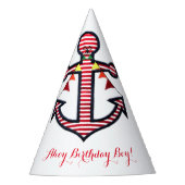 航海のいかりレッド&ホワイトストライプ誕生日 パーティーハット (正面)