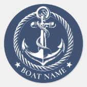航海のいかりロゴネイビーブルーボート名 ラウンドシール (正面)