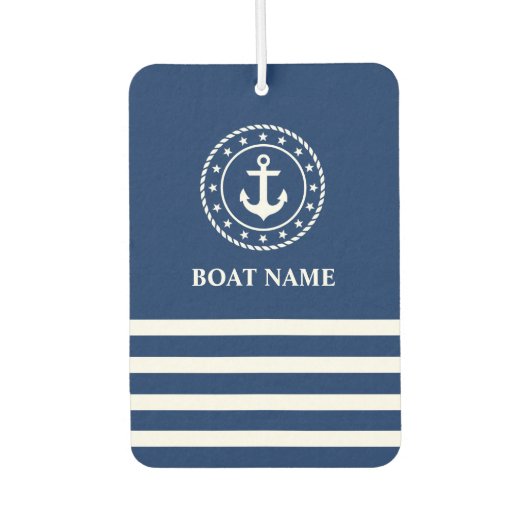 航海のいかりロープスターストライプのズボート名ブルー カーエアーフレッシュナー (正面)