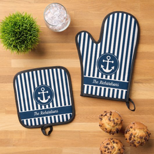 航海のいかりロープネイビーホワイトストライプカスタム 鍋つかみ&鍋敷きセット (トップダウン)