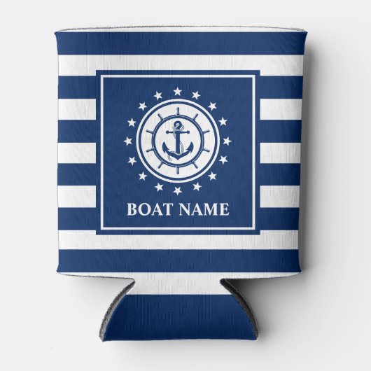 航海のいかりロープブルーストライプのボートネームスターズ 缶クーラー (正面)