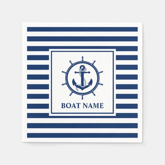 航海のいかりロープホイールストライプのボート名 スタンダードカクテルナプキン (正面)