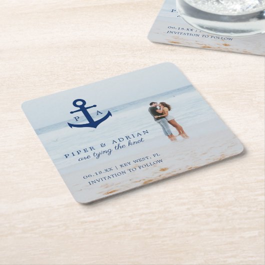 航海のいかり写真ウェディング日付の保存 スクエアペーパーコースター (アングル)