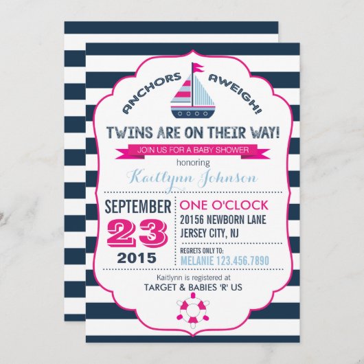 航海のいかり及びストライプベビーシャワー招待状 招待状 (正面/裏面)