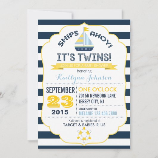 航海のいかり及びストライプベビーシャワー招待状 招待状 (正面)