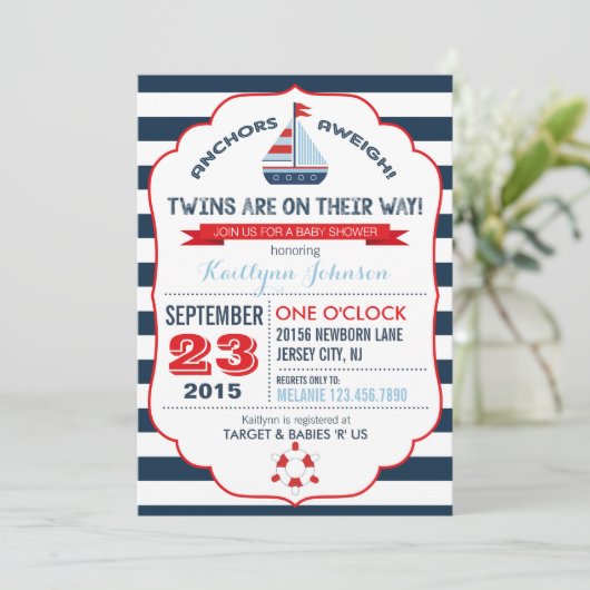 航海のいかり及びストライプベビーシャワー招待状 招待状 (スタンド正面)