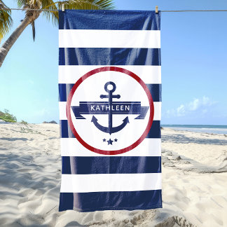 航海のいかり名ネイビーブルーストライプ ビーチタオル