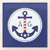 航海のいかり愛国的スター&ストライプモノグラム ガラスコースター (正面)