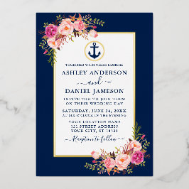 航海のいかり水彩ピンクフローラブルー金ゴールド 箔招待状