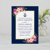 航海のいかり水彩ピンクフローラブルー金ゴールド 箔招待状 (立ち正面)