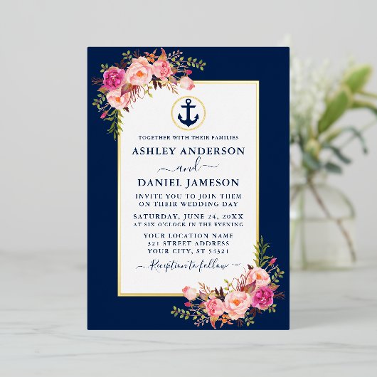 航海のいかり水彩ピンクフローラブルー金ゴールド 箔招待状 (立ち正面)
