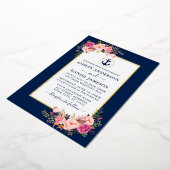 航海のいかり水彩ピンクフローラブルー金ゴールド 箔招待状 (回転した状態)