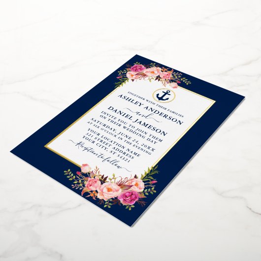 航海のいかり水彩ピンクフローラブルー金ゴールド 箔招待状 (回転した状態)