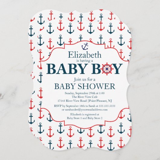 航海のいかり男遠くに子の赤ちゃんシャワー 招待状 (正面/裏面)