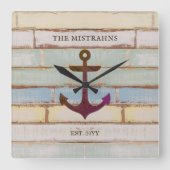 航海のいかり素朴ウッドボートネームファミリー スクエア壁時計 (正面)