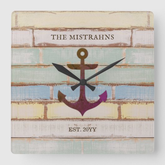 航海のいかり素朴ウッドボートネームファミリー スクエア壁時計 (正面)