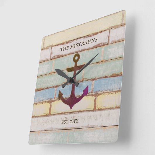 航海のいかり素朴ウッドボートネームファミリー スクエア壁時計 (傾斜)