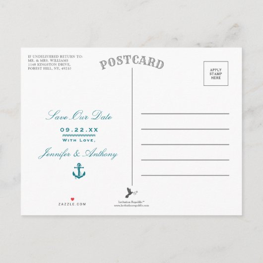 航海のいかり結婚の写真の日付の保存 案内ポストカード (裏面)