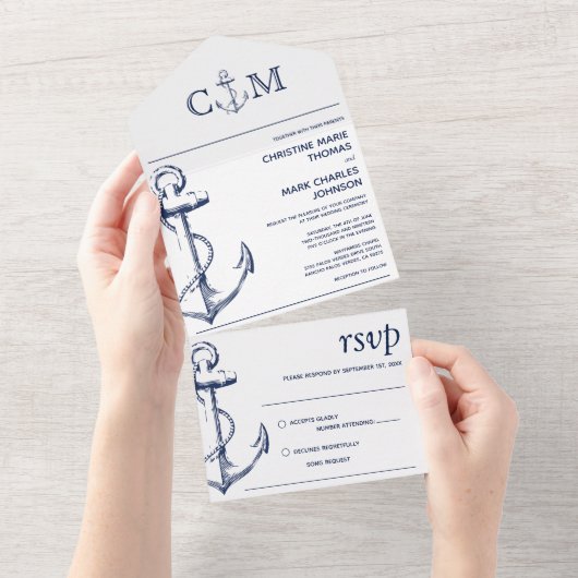 航海のいかり結婚の曲の要求白 オールインワン招待状 (貼ってはがせる)