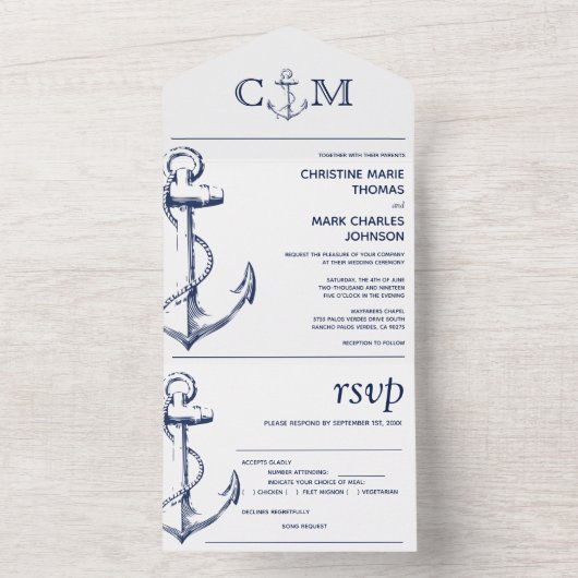 航海のいかり結婚の歌のリクエスト白食 オールインワン招待状 (内側)