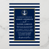 航海のいかり結婚ブルーストライプ金ゴールド 箔招待状 (正面)