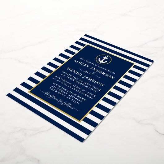 航海のいかり結婚ブルーストライプ金ゴールド 箔招待状 (回転した状態)