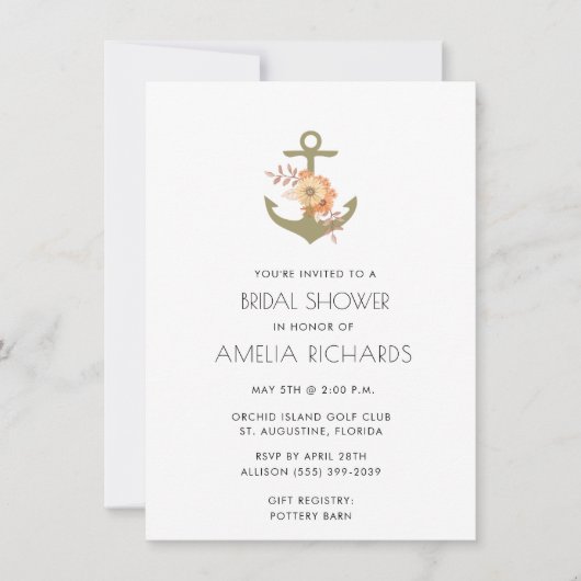 航海のいかり金ゴールドストライプブライダルシャワー招待状 招待状 (正面)