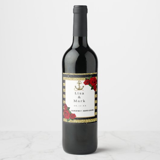 航海のいかり金ゴールドブラックストライプワインラベル ワインラベル (正面)