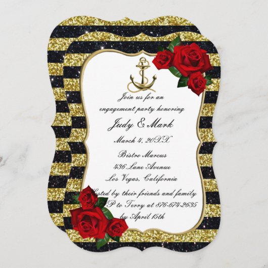 航海のいかり金ゴールドブラックストライプ婚約パーティ 招待状 (正面/裏面)