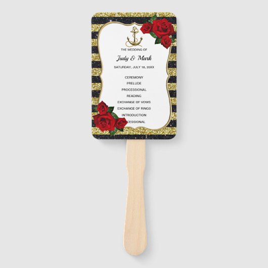 航海のいかり金ゴールドブラックストライプ結婚式 プログラム ハンドファン (正面)