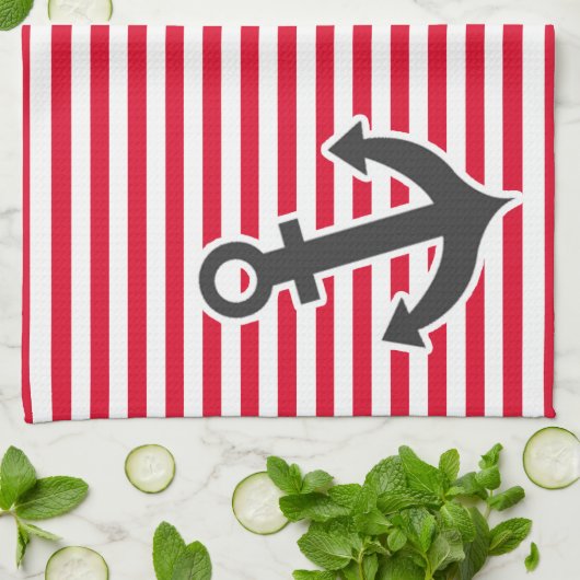 航海のいかり;カドミウストライプム赤; ストライプの キッチンタオル (折り畳み)