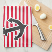 航海のいかり;カドミウストライプム赤; ストライプの キッチンタオル (四つ折り)