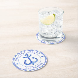 航海のいかり&ネイビーストライプのルw.ボート名 ラウンドペーパーコースター